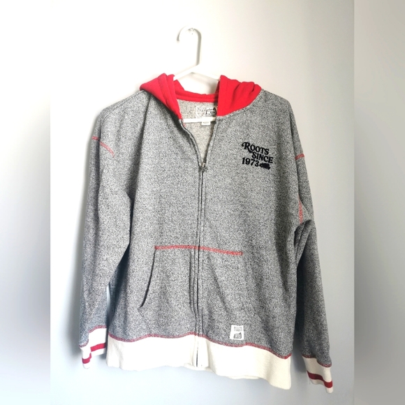 (3/$12) - Roots Cabin Series Zip up Hoodie. XXL kids (13-14 years). Grey and Red - Picture 1 of 4
